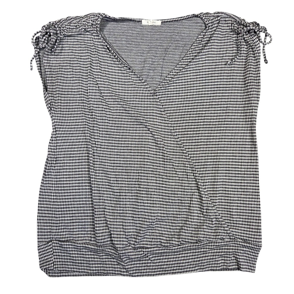 Maurices Womens Large Gingham Surplice V-Neck Top Black White Shoulder Tie L